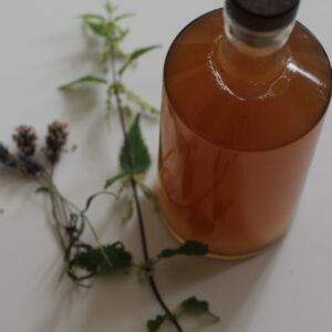 Flasche mit Kräuteressig und Brennnessel und Lavendel als Deko